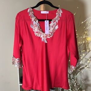 NWT Cheibear L bright red satin top with embroidered appliqué.